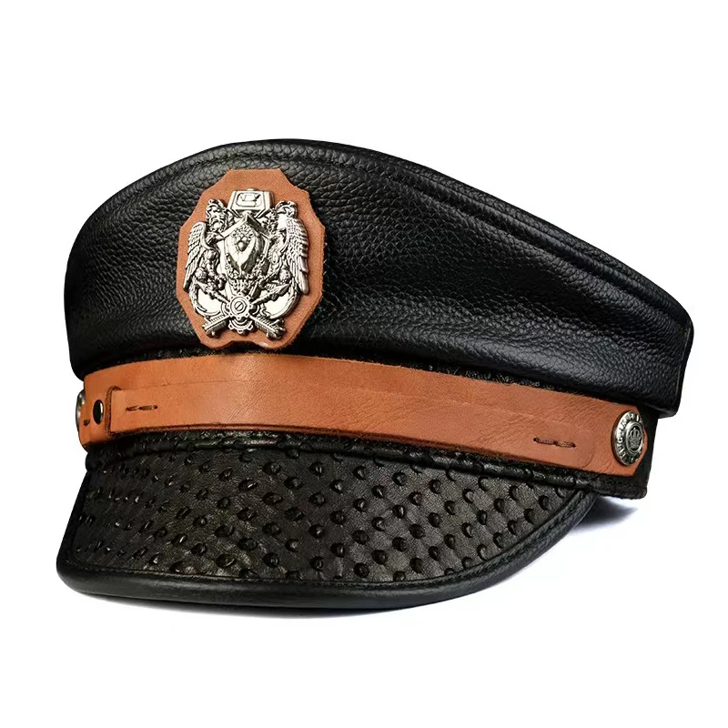 Men's Fashion Motorcycle Riding Hat Male Genuine Cowhide Leather Dots Exclusive Shield Caps with Belt Novelty Gift for Men Dad