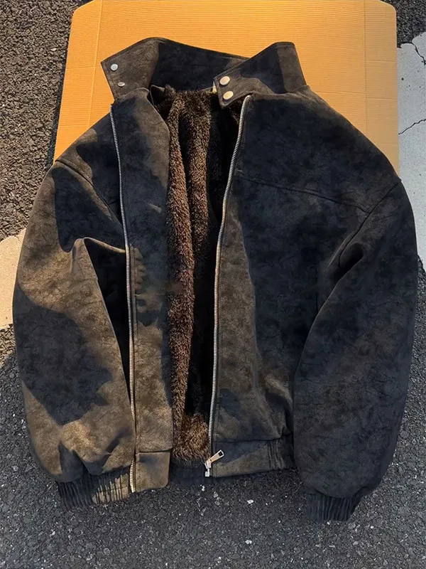 

Thiened Fce Lined PU Leather Jaet American Dyed Cotton Coat Men's Winter Warm Waterproof Motorcycle Jaet