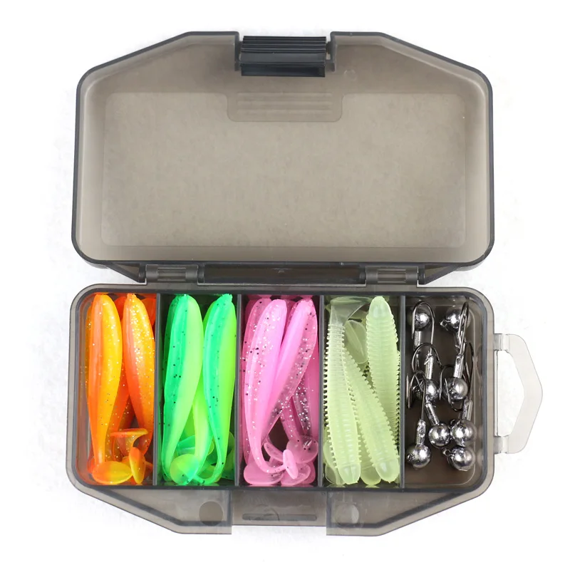 Soft Fishing Lures Set 24pcs Silicone Bait 8pcs Metal Jig Head Hook With Box Artificial Bait Fishing