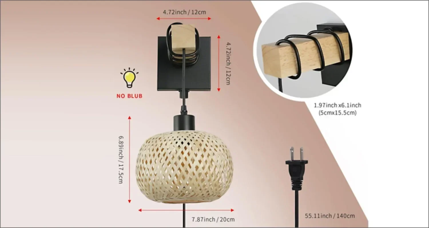 Rattan Plug in Wall Lamp Dimmable Switch Bamboo Wall Light E27 Wall Sconce for Bedroom Living Room Hotel Hallway Home Restaurant