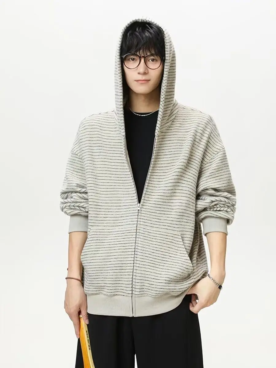 

Retro American Zipper Hoodie Cardigan Striped Thiened Outerwear for Couples Men Women Casual Loose Fit Long Sve Autumn