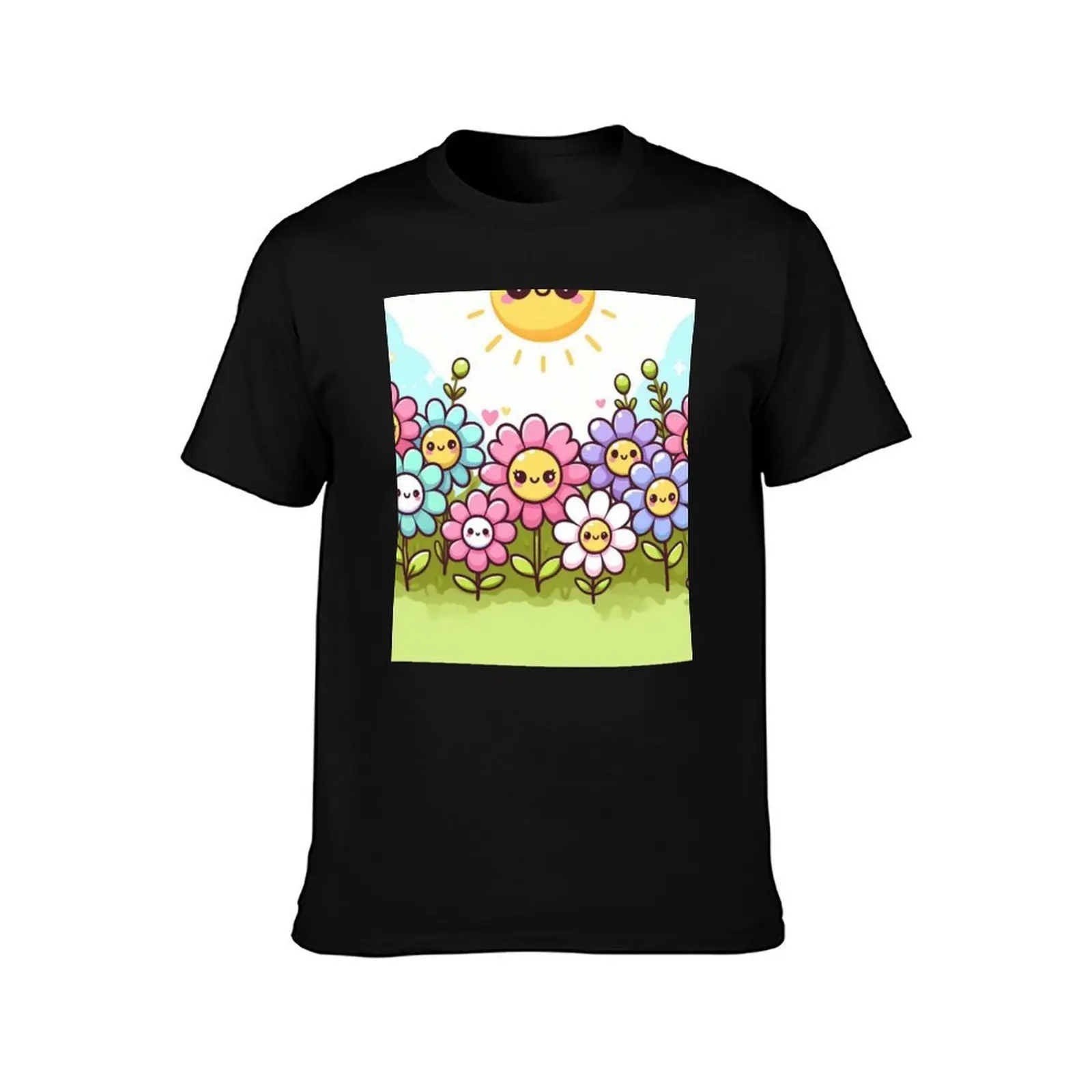 Cute kawaii manga cartoon field flower flowers pink yellow Blue wildflowers T-Shirt, Summer Casual Cotton Tee, Unisex Men Women