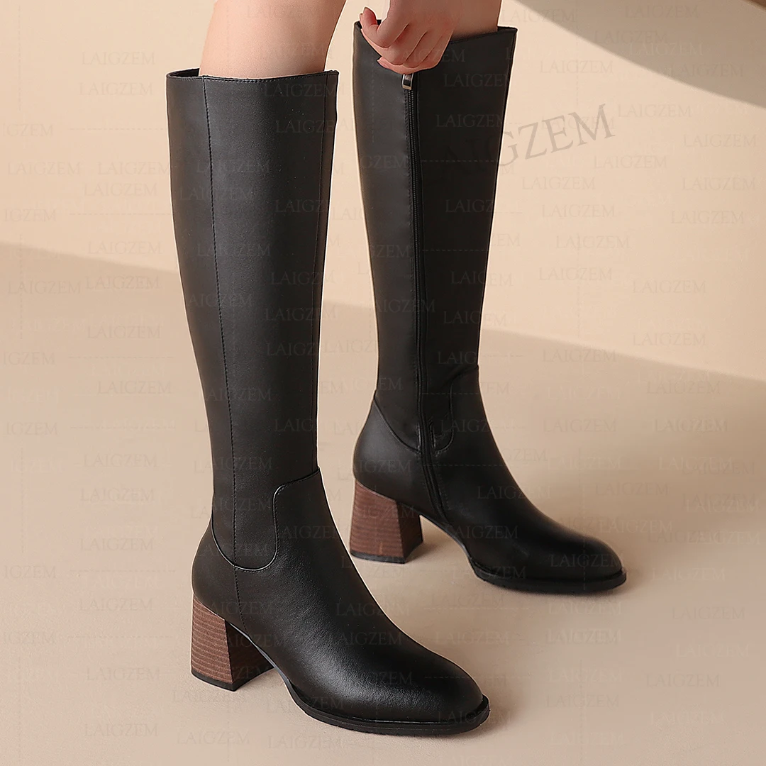 LAIGZEM Women Knee High Boots Full Zipper 6CM Mid Block Heels Real Leather Boots Female Shoes Woman Plus Big Size 35 39 42 46