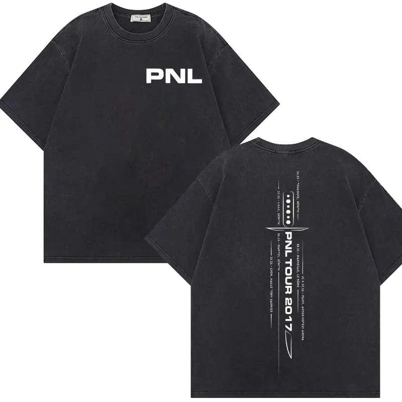 

French Rap PNL Tour Double Sided Print T-shirt Fashion Hip Hop Vintage Washed T-shirts Men Women Casual Oversized Cotton T Shirt