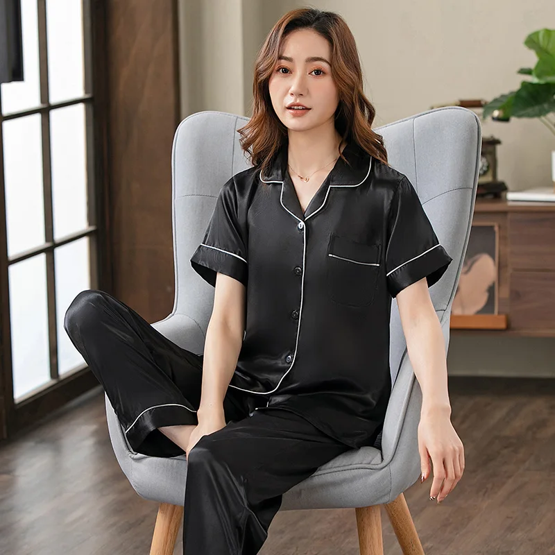 

Womens Silk Imitation Pajamas Pyjamas Set Summer Short Sleeve Lapel Cardigan Sleepwear Big Yards Sexy Loungewear M L XL XXL 3XL