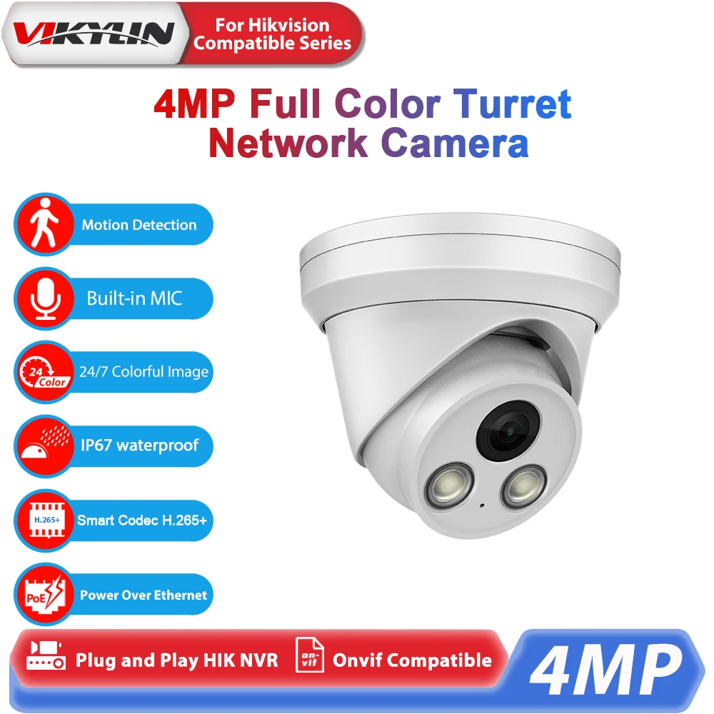 Vikylin 4MP IP Camera For hikvision Compatible Motion Detection with MIC Color Night Vision Onvif POE Outdoor Security Camera