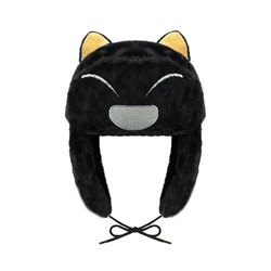 Black Kitty Cartoon Embroidered Hat for Halloween Party Ear Protection Warm Windproof Lei Feng Style Autumn Winter Cap