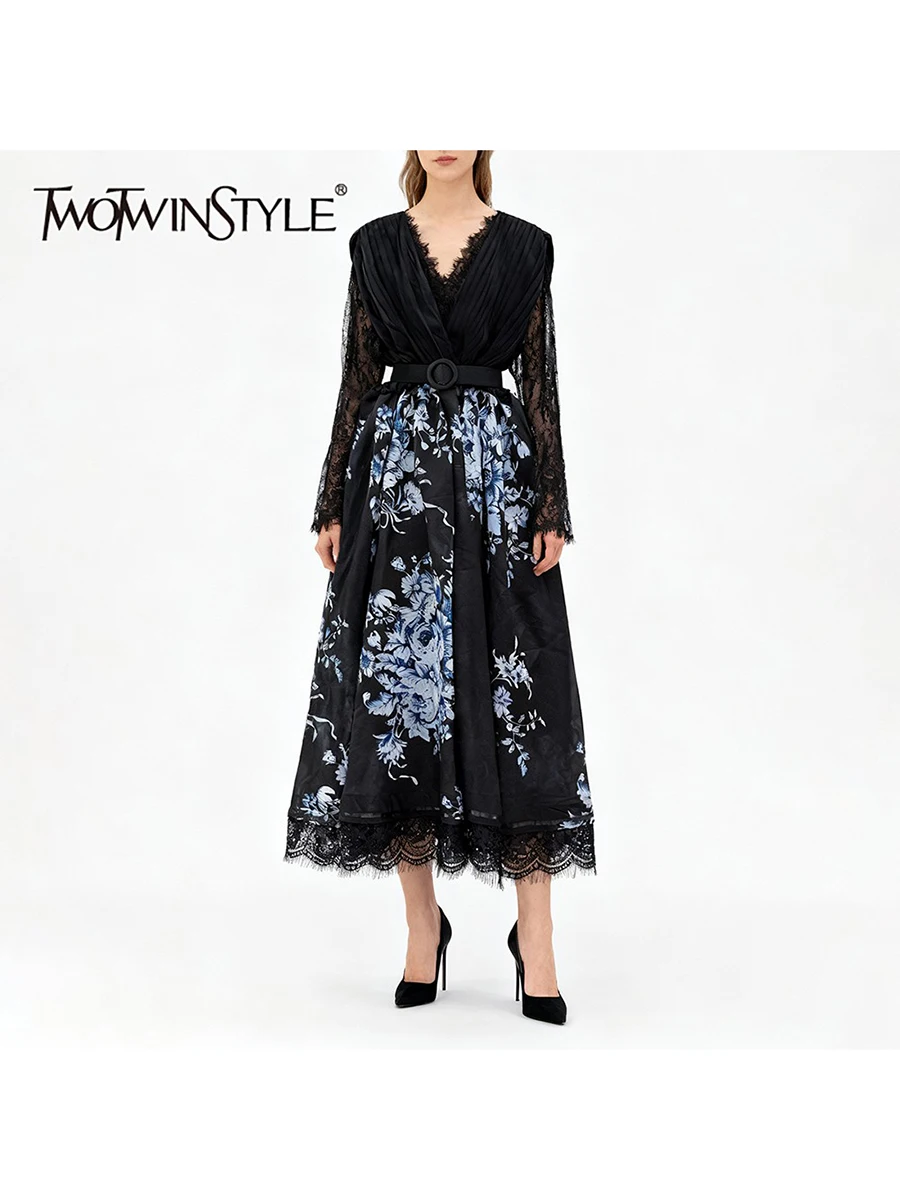 TWOTWINSTYLE 프린팅 시어 스플라이스 레이스 빈티지 드레스 여성용 브이넥 긴팔 하이웨이스트 패치워크 셔링 드레스