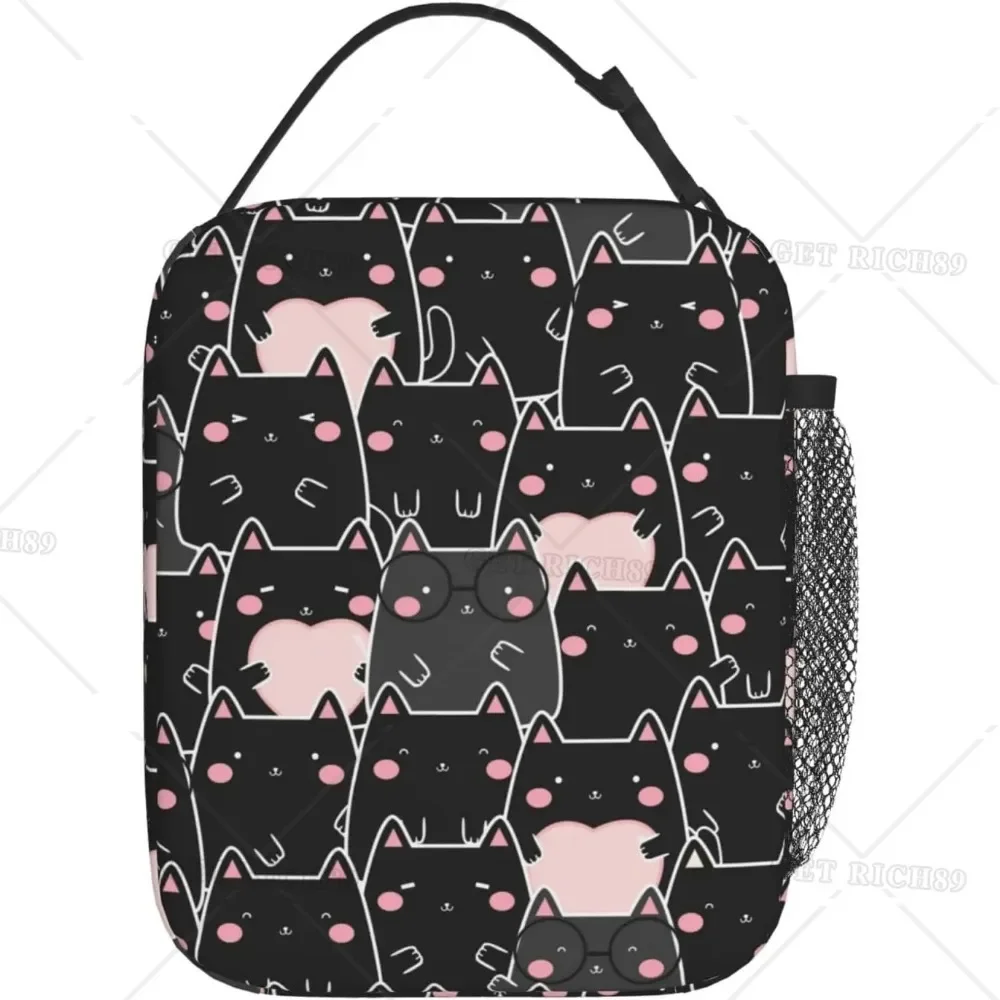 Black Cat Lunch Box Fish Bone Reusable Insulated Lunch Bag Thermal Cooler Tote for Kids Boys Girls Teen School Picnic Travel