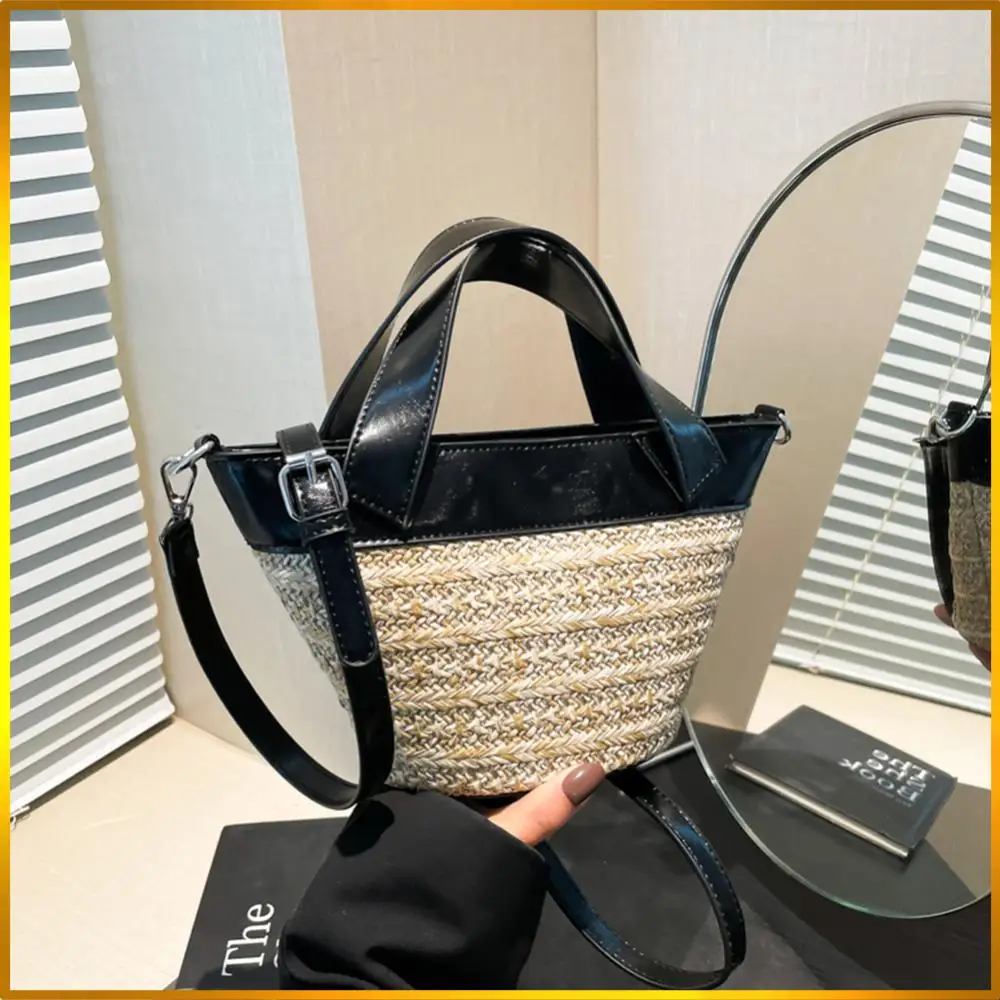

Women Vacation Straw Bag Large Capacity PU Leather All-Match Shoulder Bag Contrast Color Travel Vacation Seaside Shopping Bag