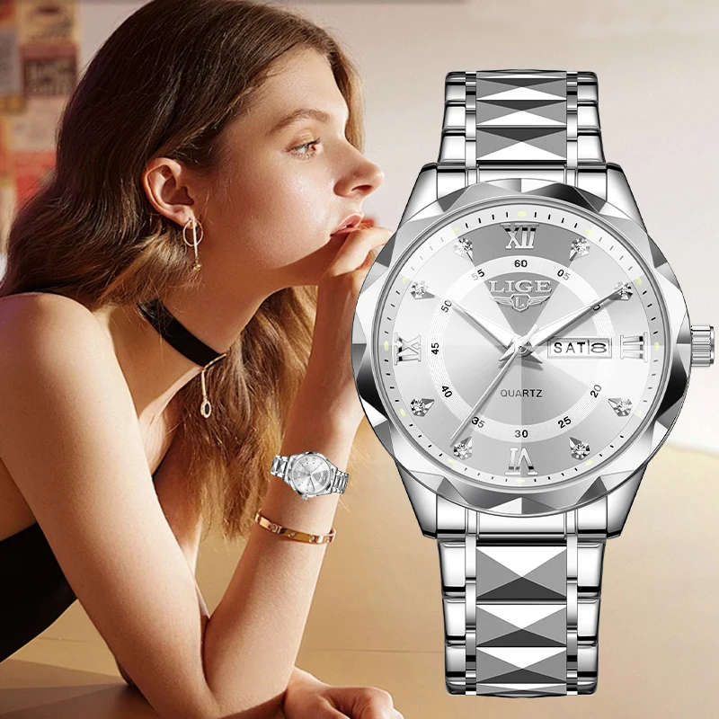 

Элегантные женские кварцевые часы LIGE: классический модный браслет, водонепроницаемые, с датой и днями недели, стальные, повседневные, подарок для женщин