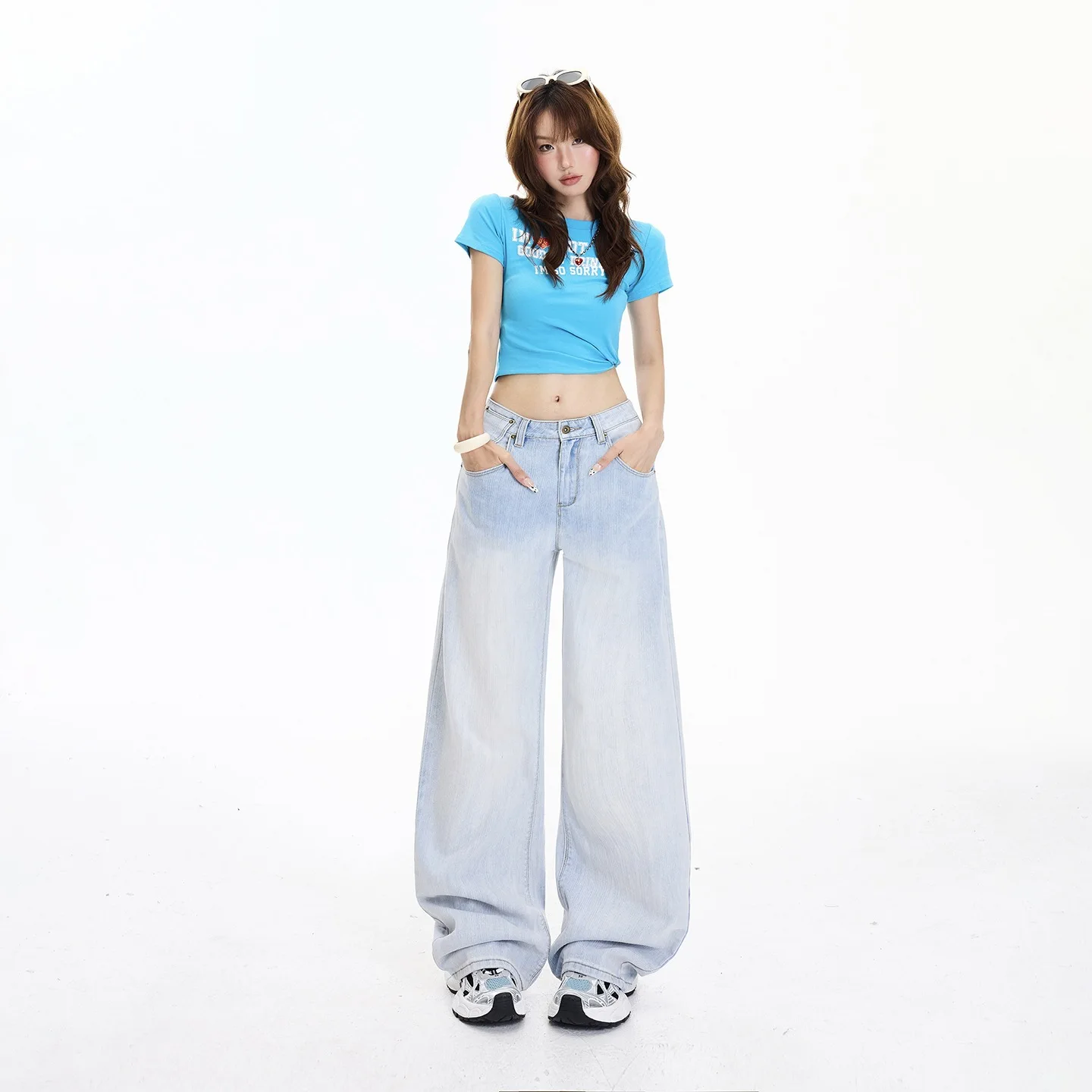 Retro High-waisted Loose Wide-leg Pants Back Buckle Design Sense Adjustable Jeans Women