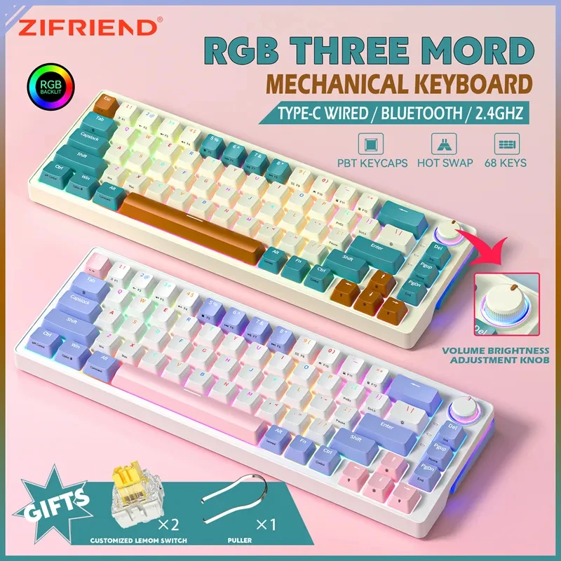 ZIFRIEND ZA68 Pro 무선 기계식 키보드 PBT RGB 유선 블루투스 핫 스왑 가능 65% 60% 게임용 키보드 68 키 2.4GHz 키보드 키캡 키캡 PBT Keycap 샤프트 풀러 포함 키보드 핫스왑 무선 핫스왑 키보드 무선키보드 블루투스 키보드