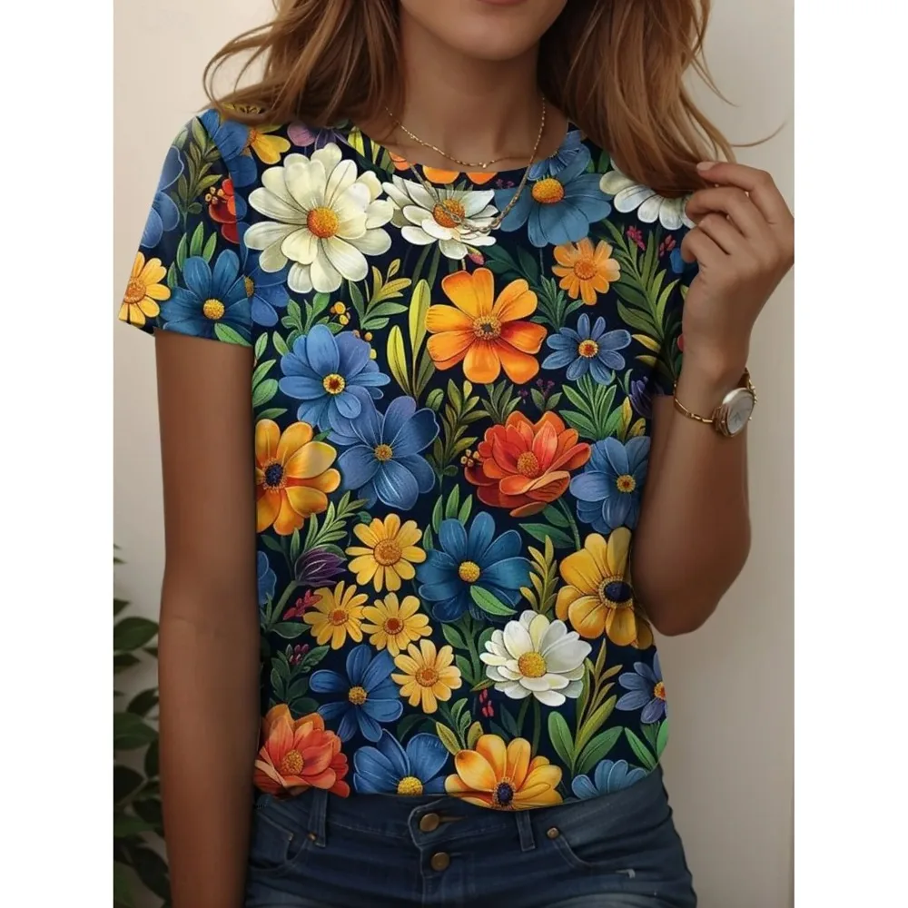 夏の新作ヴィンテージ風花柄植物Tシャツ、3Dプリント、レディースカジュアル、Oネック半袖Tシャツ、原宿系Y2K、トップス、女性服
