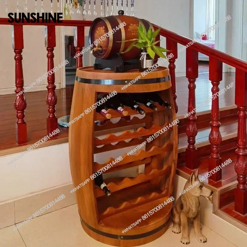 Massivholz Weinregal Eiche Fass Modellierung Kreative Weinkeller Ästhetische Luxus Display Dekoration Retro Regal Bar Möbel FT