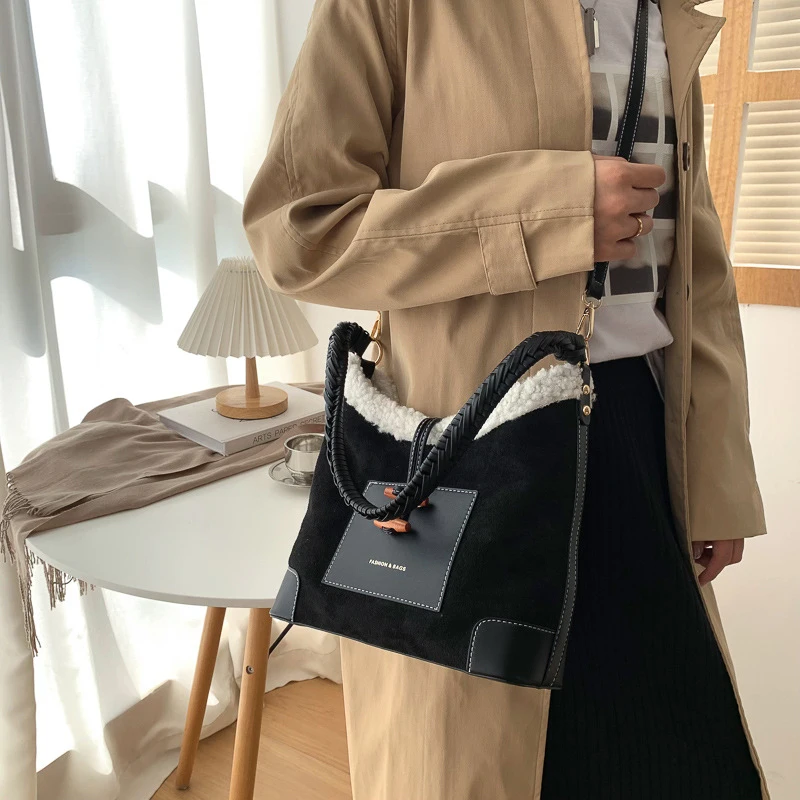 女性用フロストウールバケット,女性用ショルダーバケットバッグ,レトロ,ミニニッチ,新作コレクション,人気,秋冬,2023