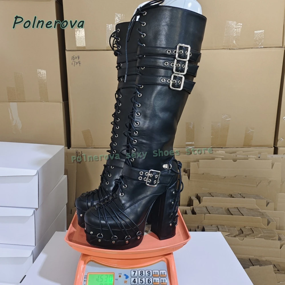 Cross Tied Platform Punk Boots Round Toe Height Increase Zipper Closure Gothic Style Y2K Women Knee High Boots Cosplay Autumn