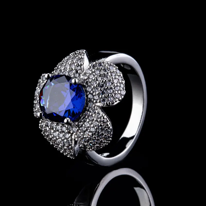Camellia Sapphire Jewelry Classic Design Luxury silver 925 inlay Diamonds rings for women Retro blue flower ring Wedding Gift