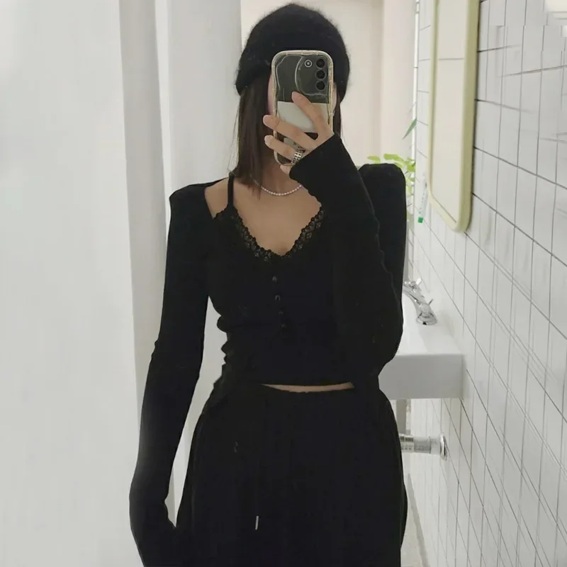 Harajuku U คอ Cropped เสื้อสเวตเตอร์ถัก + Y2k Aesthetic Lace Patchwork ผู้หญิง 2 ชิ้นชุด Fairy Vintage Femme Streetwear