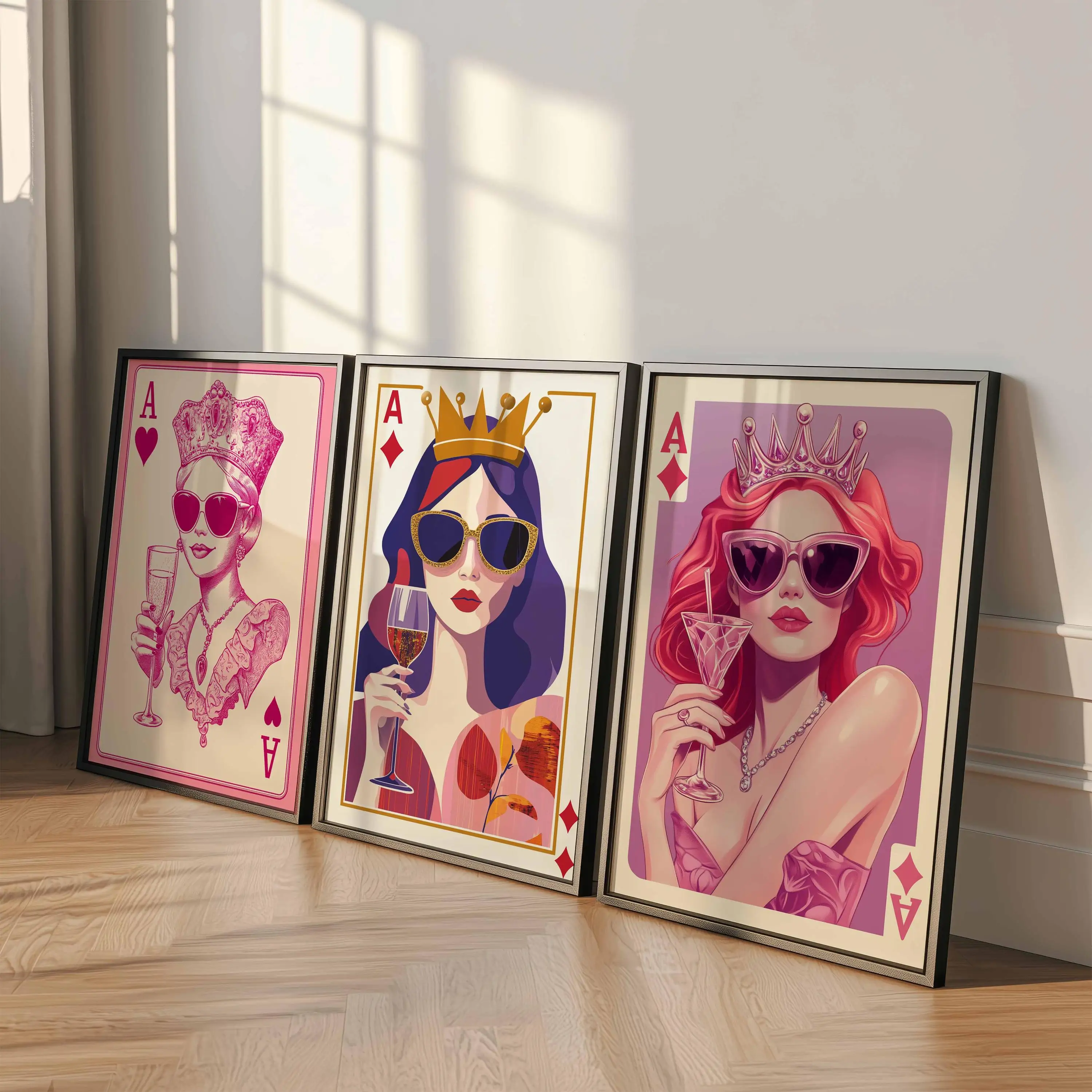 3 piezas sin marco, 3 ilustraciones elegantes de la Reina, póster de la Reina de Corazones, arte glamuroso de cartas de póquer, impresiones de moda en rosa y rojo