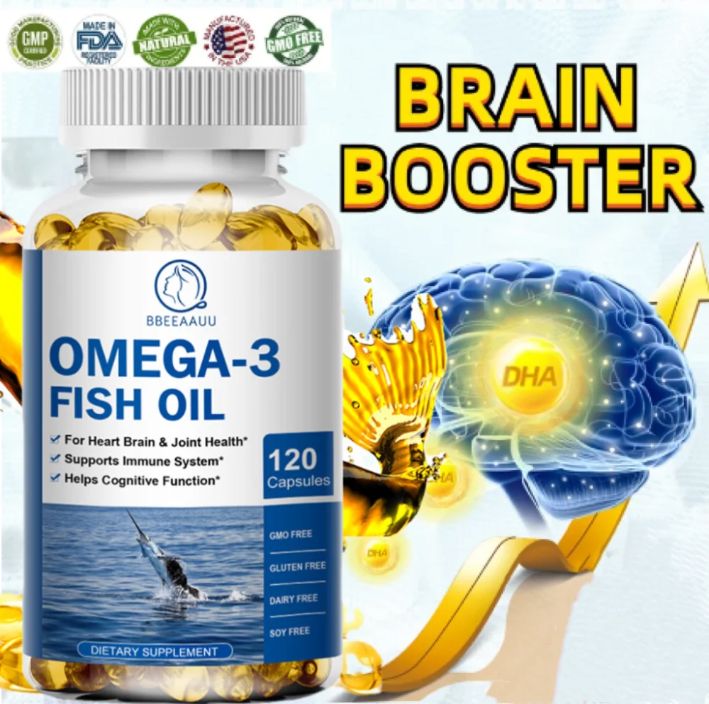 BBEEAAUU Omega 3 Fish Oil Capsules with DHA EPA Focus and Memory Brain Eyes Heart Health Supplements