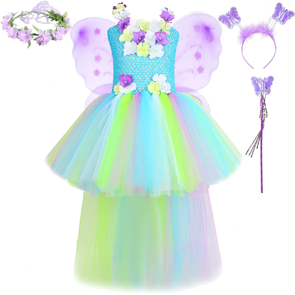 Flower Fairy Princess Costumes for Girls Tinkerbell Tutu Dress with Butterfly Wings for Kids New Year Birthday Train Outfits