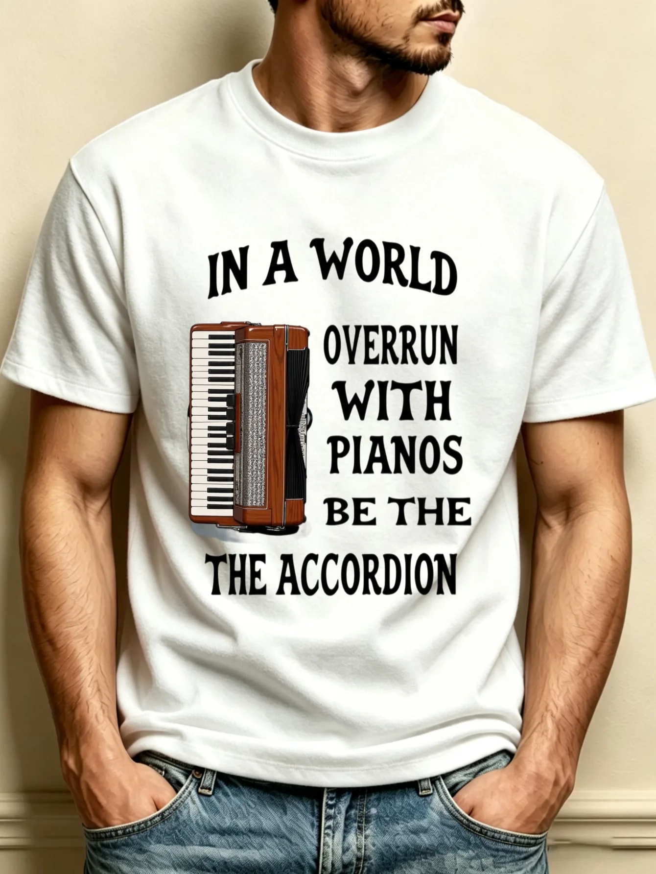 Accordion Instrument Pattern, Places in Life Where Pianos Are Everywhere, Accordion Text, Men's T-Shirt, Casual Wear for Music Lovers, Gifts for Musicians and Instrument Enthusiasts