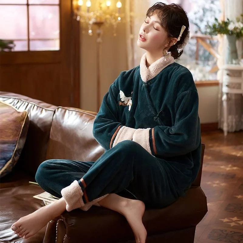 

Chinese Ancient Style Hanfu Pajama Women Autumn Winter New Fleece Thickened National Trend Long Sleeve Tops Long Pants Sets