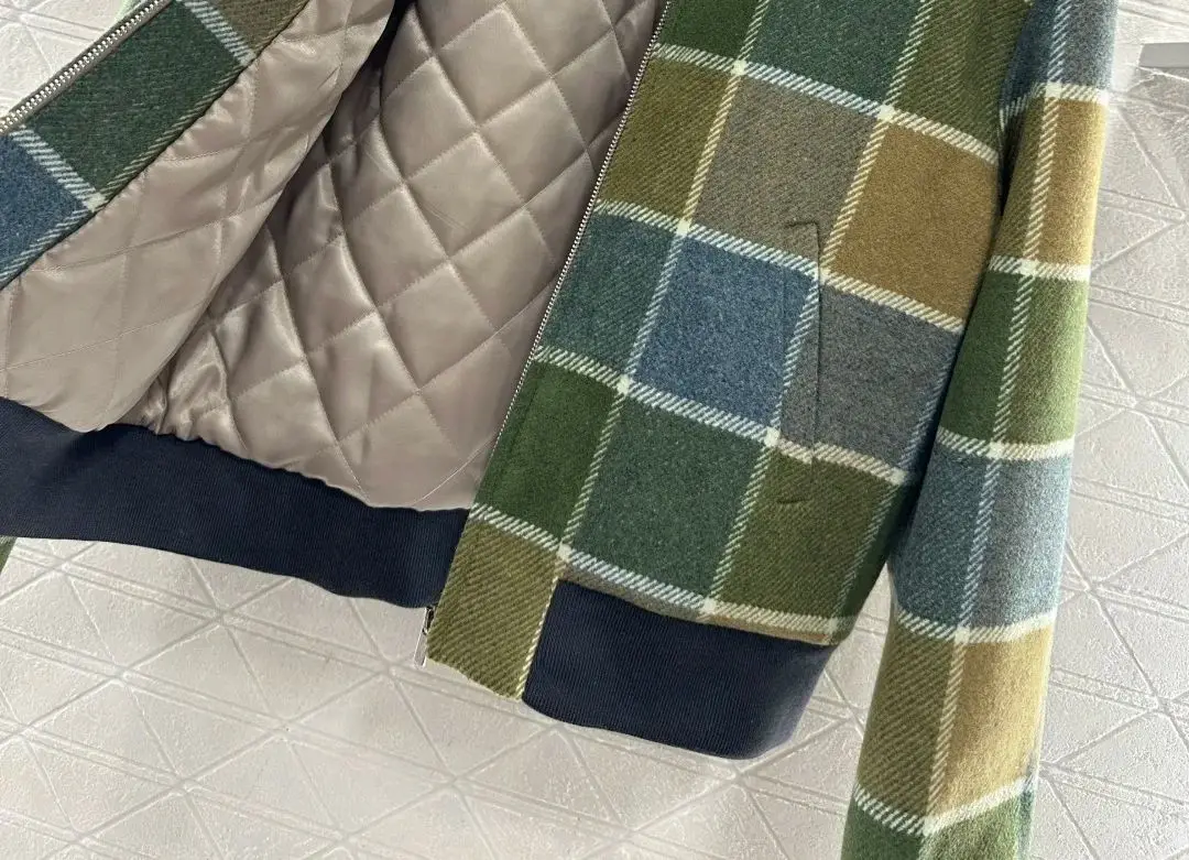 เสื้อแจ็คเก็ตผ้าฝ้ายลายตารางสีเหลืองเขียว กระโปรงสั้นผ่าข้าง ชุดสูทผ้าขนสัตว์สุดหรู สง่างามและมีสไตล์