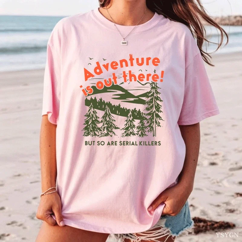 Men Women Funny Slogan Graphic T‑Shirt Adventure Mountain Forest Print Short Sleeve O‑Neck Casual Loose Streetwear Tees Tops