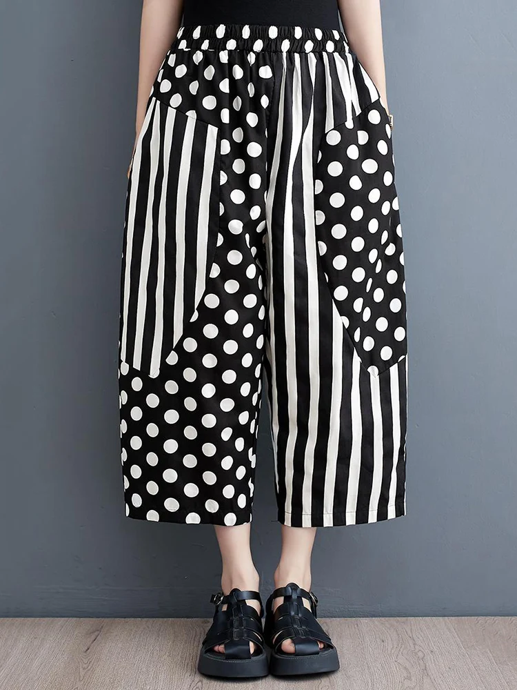 Black Vintage Polka Dot High Waist Wide Leg Pants Women New Spring Autumn Casual Loose Oversize Trousers Fashion Streetwear 2024