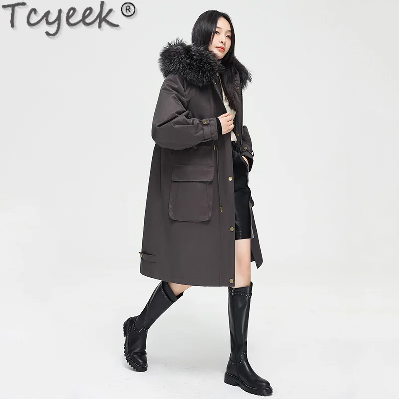 Tcyeek Womens Fur Coat New 2023 Winter Warm Detachable Rex Rabbit Fur Liner Jacket Women Clothing Raccoon Fur Collar Parka Loose