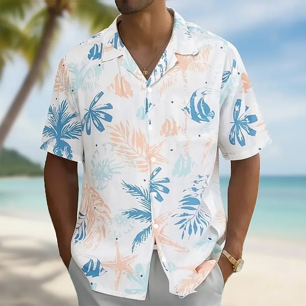 

Coconut Tree Fresh Flower Pattern Men's Short-sleeved Button Lapel Shirt Summer Seaside Beach Vacation Hawaiian Style Shirt
