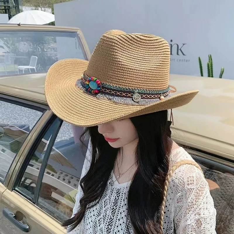 1 Stück Sommer-Strandhüte für Damen, Sonnenhut im Ethno-Stil, Bohemian Outdoor-Sonnenhüte mit breiter Krempe, Urlaubs-Strandhüte, atmungsaktive Visierkappen