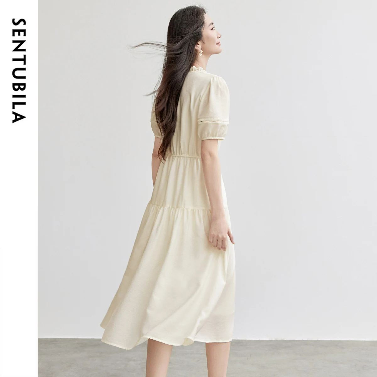 Sentubila vestidos de verão femininos 2025 senhoras moda lanterna manga curta elegante em camadas midi vestido roupas femininas 152ls0092