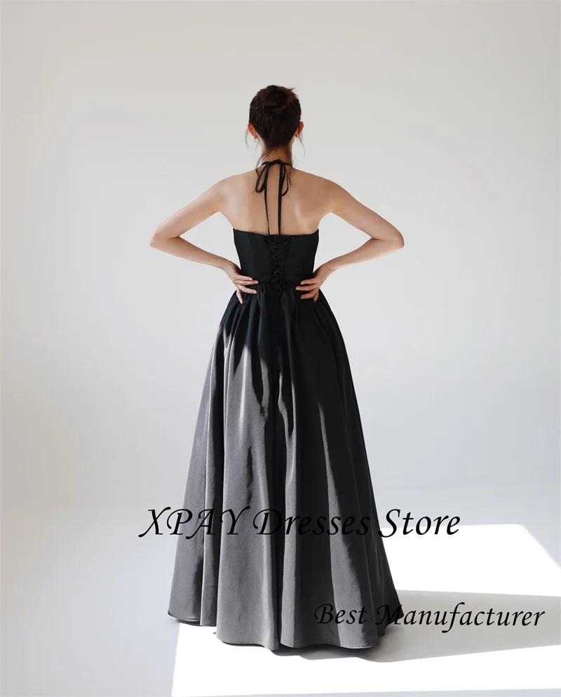 XPAY Simple Black A Line ชุดราตรีเกาหลีถ่ายภาพ Halter ซาตินแขนกุดรัดตัวกลับงานแต่งงานที่กําหนดเอง 2025