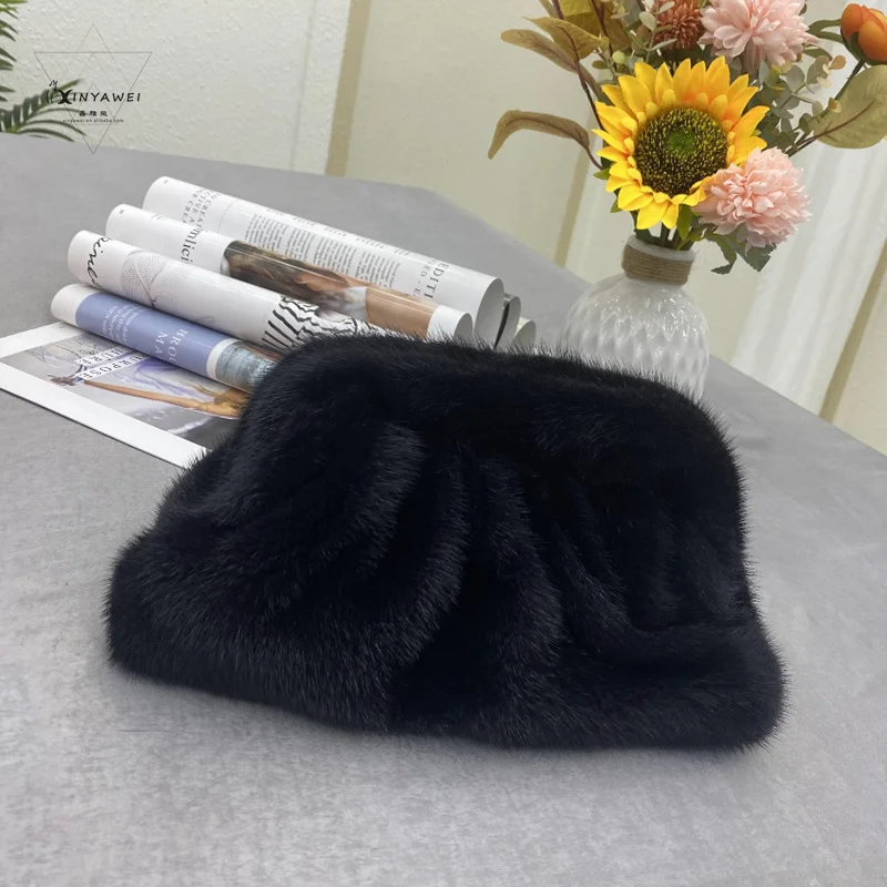 Women\'s Handbags 2024 Clutches Fashion Simple Designer Handbag Woman Mink Fur Bags Solid Color Ladies Clutch Shoulder Bags