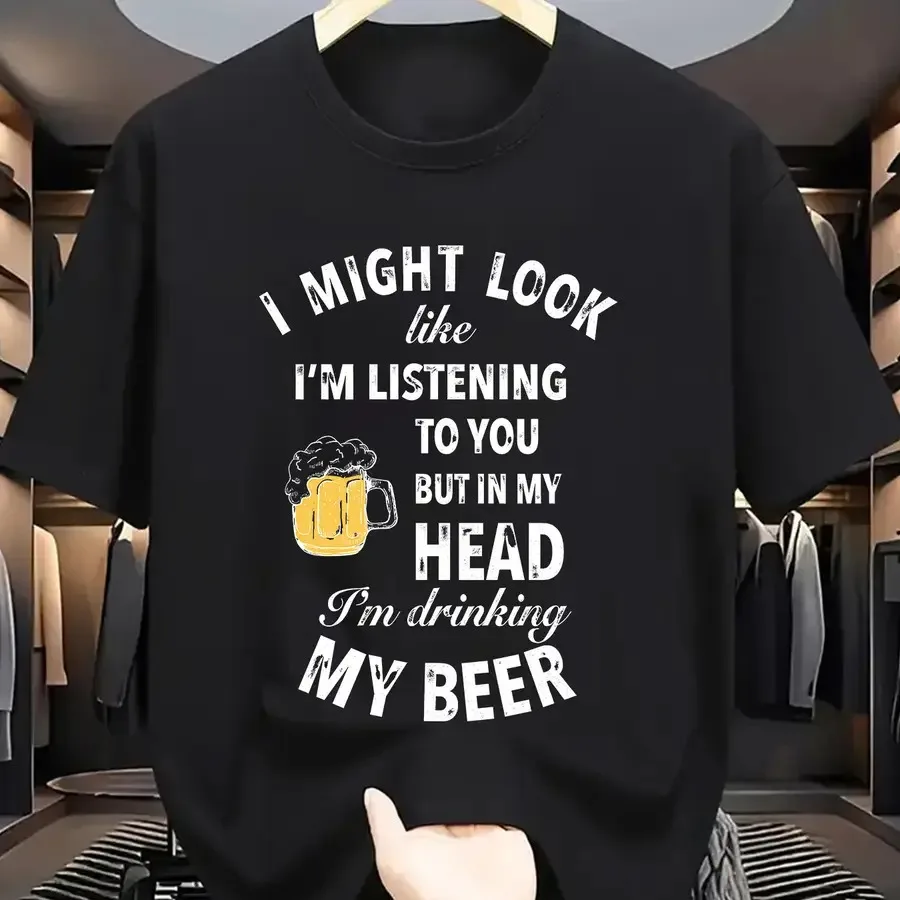 

Men's Light Gray Beer Print T-Shirt - Funny "I Might Look Calm" Suitable for - Casual Crew Neck Short Sleeve Tee, Breathable Ma