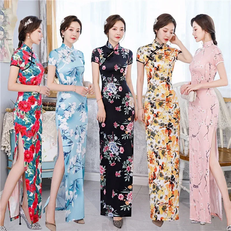 Cheongsam fino tradicional chinês para mulheres, vestido de casamento elegante, vestidos longos, qipao sexy, multicolorido, 6XL, 2023