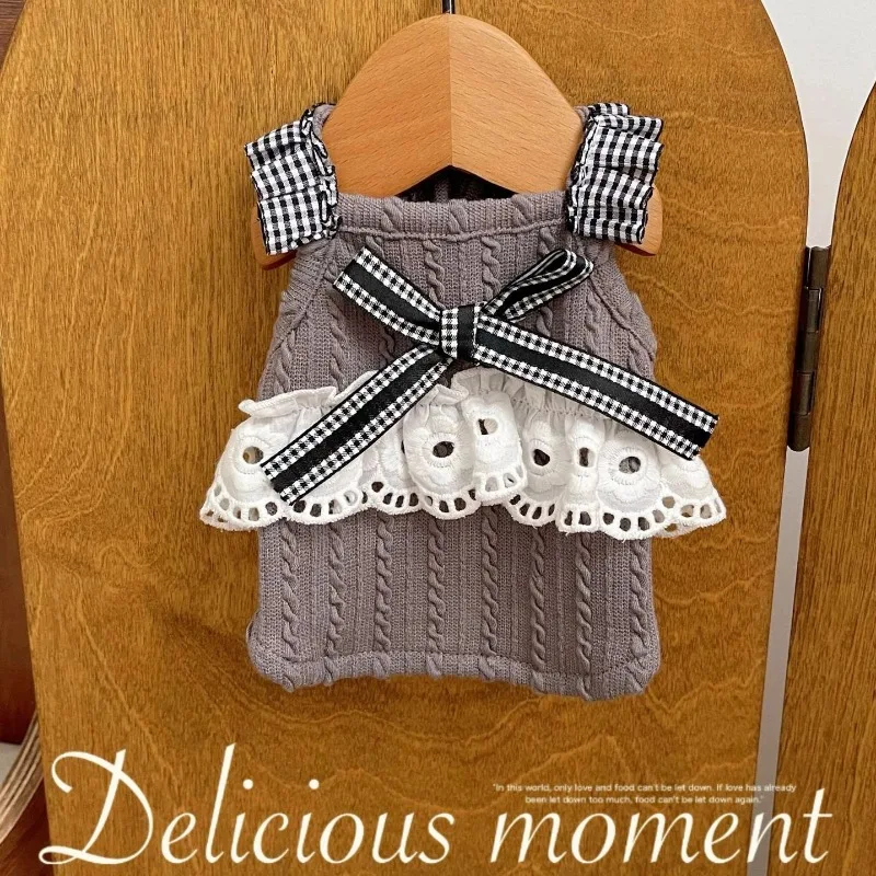 

Pet Dog Lace Plaid Camisole Cute Bow Clothes Dog Cat Spring Summer Autumn Camisole Vest Home Clothes Teddy Bear Cute Dress