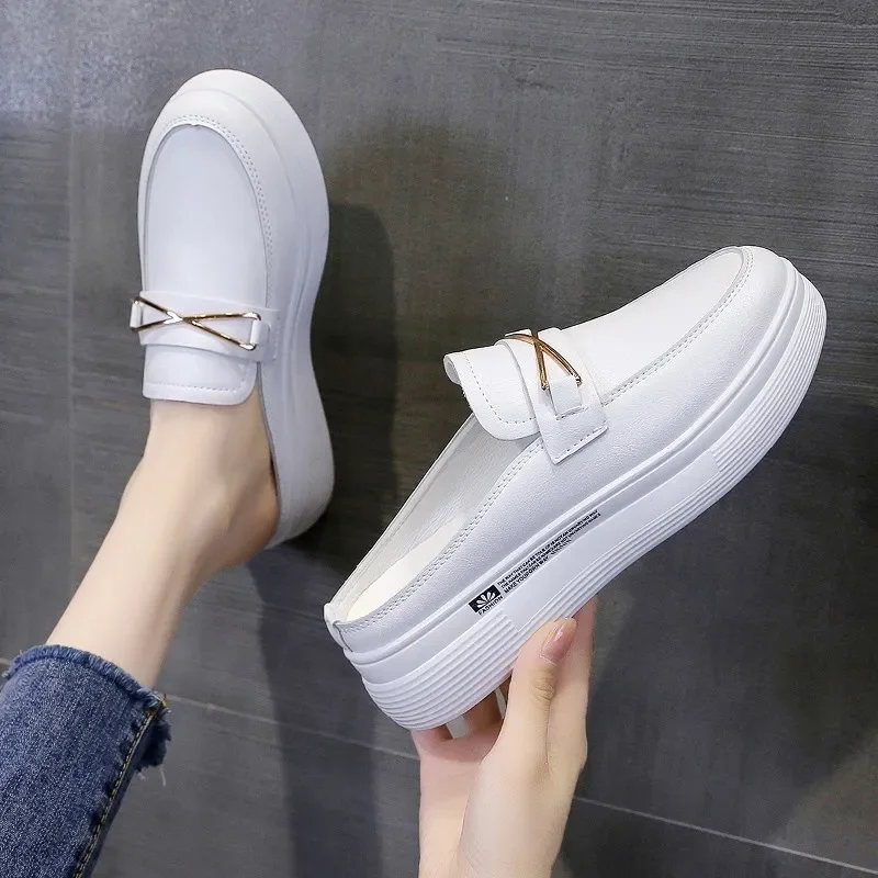 2023 Summer New Half Slippers Baotou Without Heel Inside Increase Women's Sneakers Outdoor Canvas Walking Shoes Woman Female