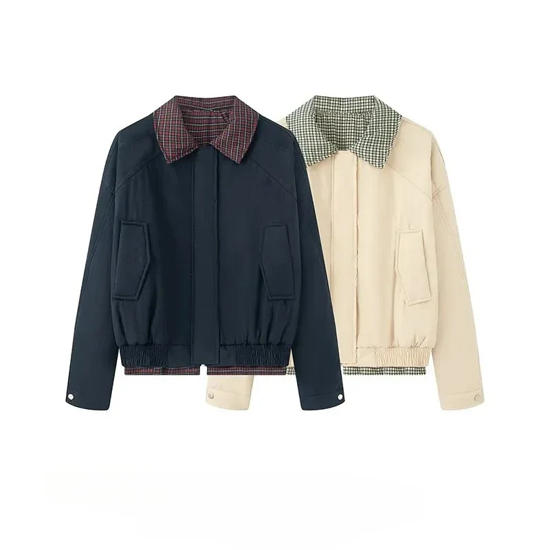 

2025 Autumn New Women's Faion Plaid Harrington Collar Cotton Jaet Loose Fit Polyester Fiber Zipper Closure ort Coat