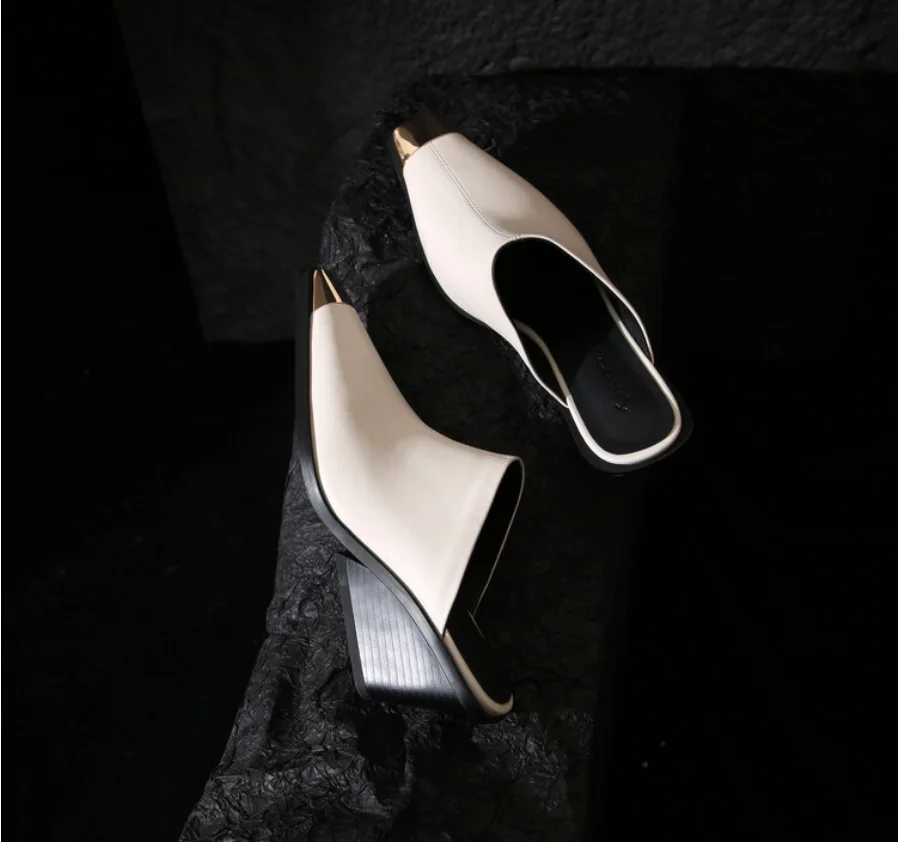2026 Genuine Leather Metallic Toe Mules Slides Med Chunky Heels Wedge Slippers Women Casual Shoes Sandals Pumps White Brow