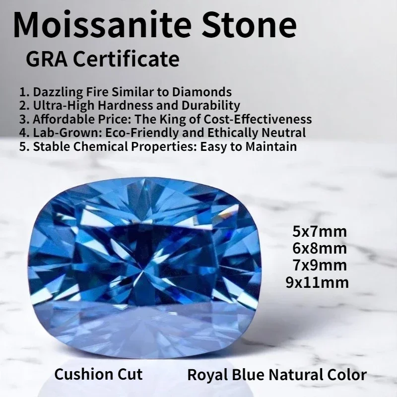 

Moissanite Stone Cushion Cut Royal Blue Natural Color Lab Grown Diamond For Women Jewelry Making Materials With GRA Certificate