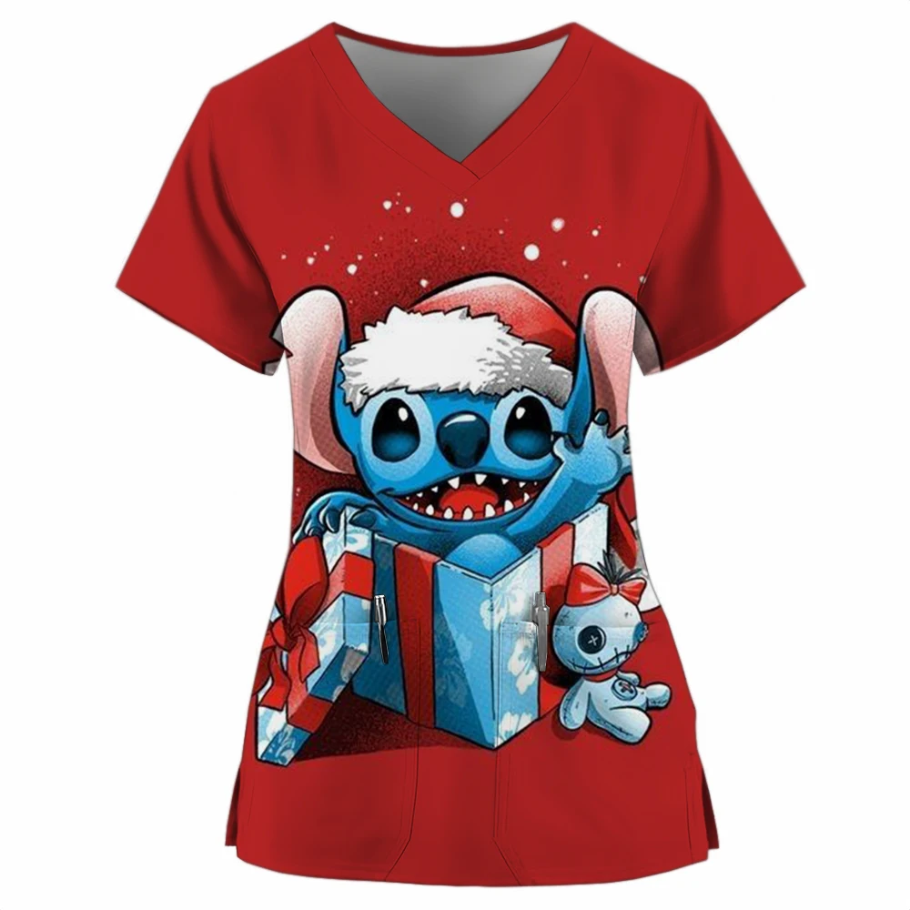 Disney Stitch Christmas Nurse Uniform Matte Women's Cartoon Deer Print Short Sleeve Pocket Work Uniform Medical Uniform