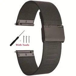 20mm 22mm Quick Release Watch Band Mesh Stainless Steel Strap Wrist Belt Bracelet Black Universal Milanese Watchband with Tool