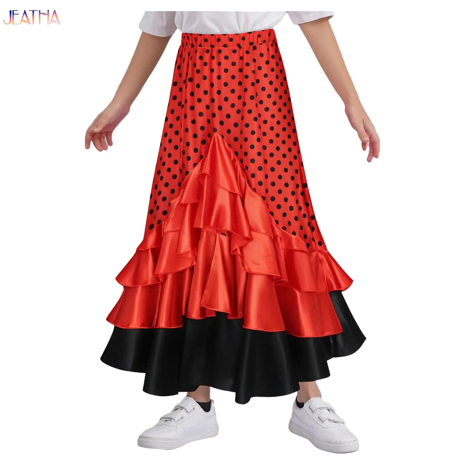 Falda de flamenco española para niñas, con lunares, gran vuelo, capas y volantes, falda larga para actuaciones de danza lírica, disfraz de Halloween