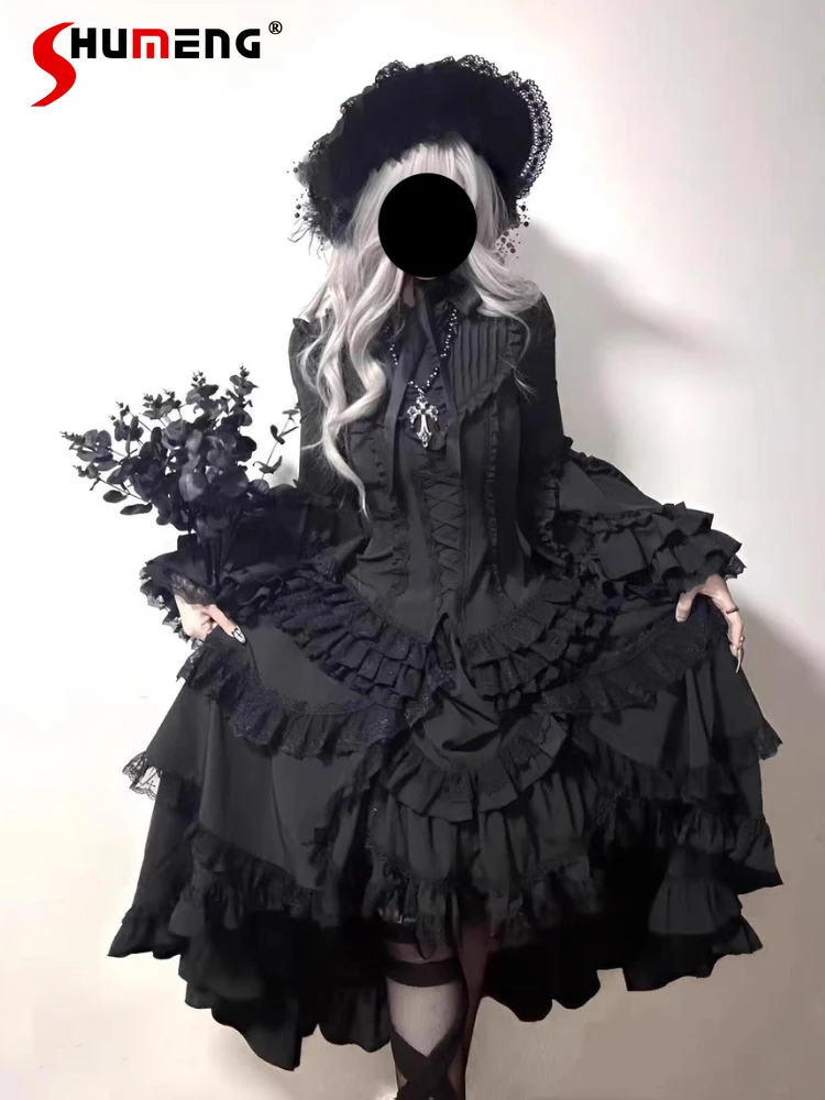 

Хэллоуин Cos Разрезные платья Harajuku Subculture Темная готика Лолита Рубашка с длинными рукавами Юбка Комплект из 2 предметов Платье для тяжелой промышленности
