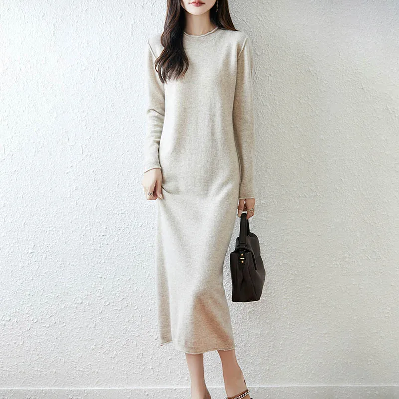 

New 100% Pure Wool Dress In Autumn And Winter Long Over-The-Knee Bottoming Sweater Skirt Loose Cashmere Knit Dress