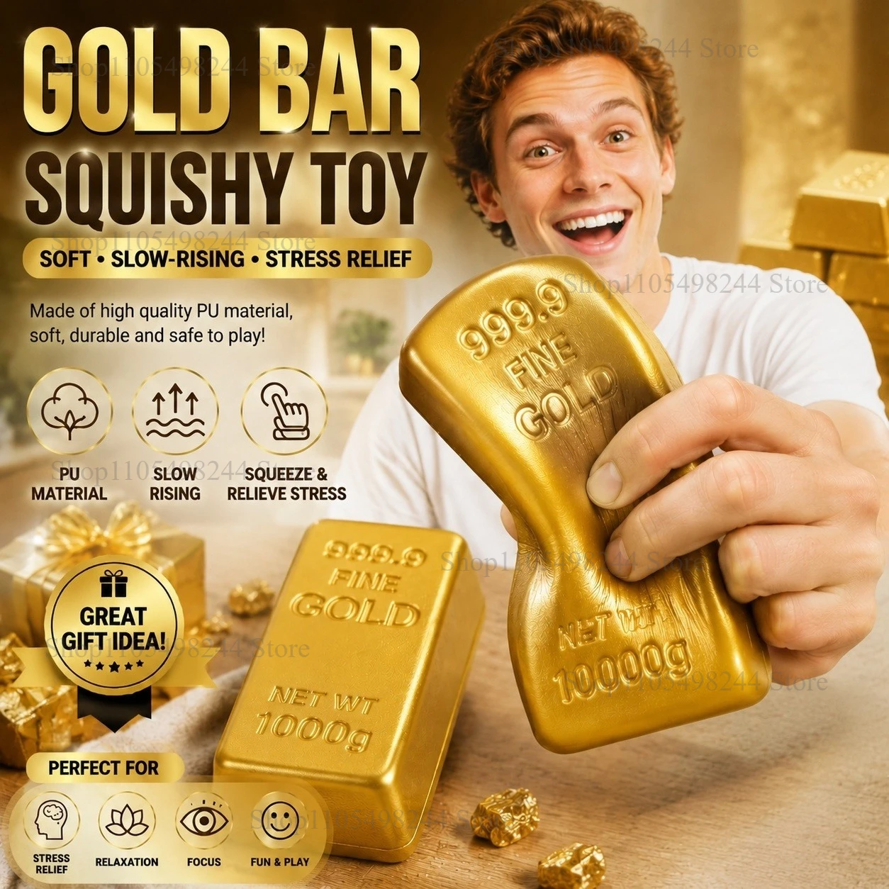 Gold Bar Squishy Toy Funny Gift Soft PU Foam Slow Rising Squeeze Toy Gift for Kids Adults Stress Reliever Office Desk Toys